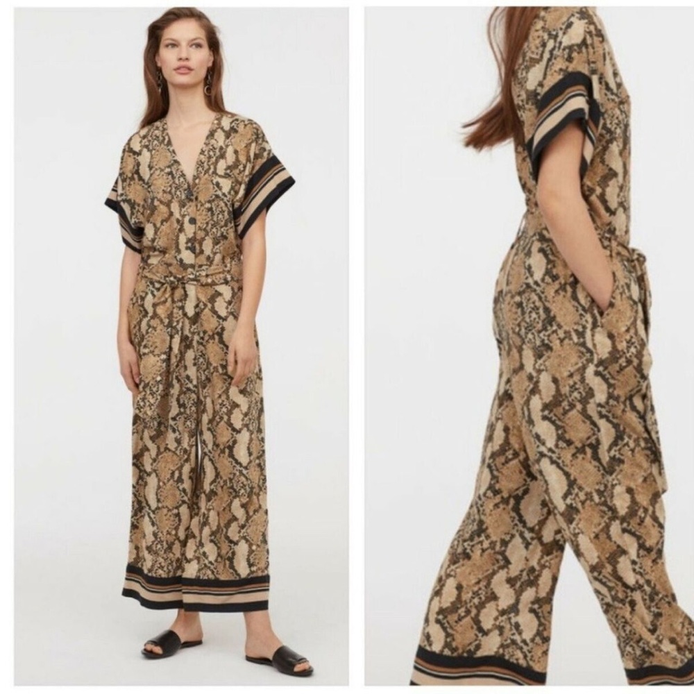 H&M Brown Tan Snake Print Jumpsuit with Wide-Leg Silhouette